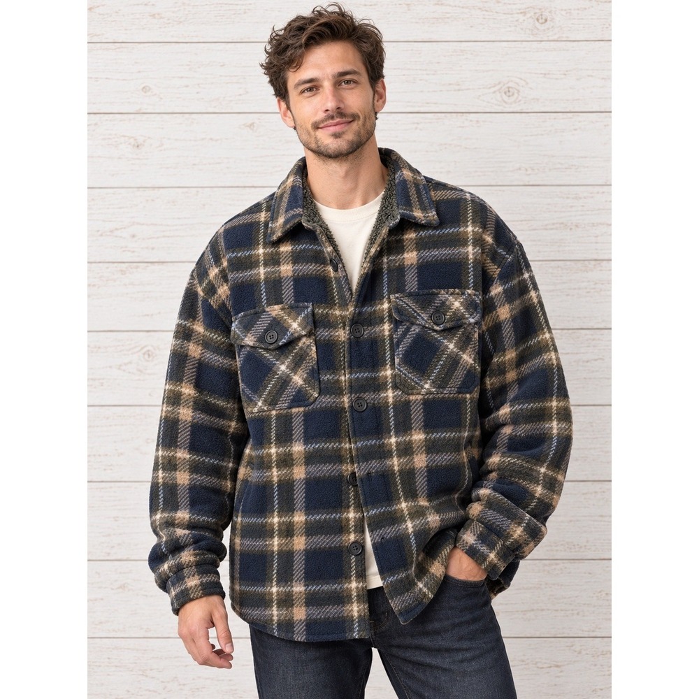 Boston Traders Mens XXL Plaid Sherpa Lined Fleece Shirt Jacket Blue Green
